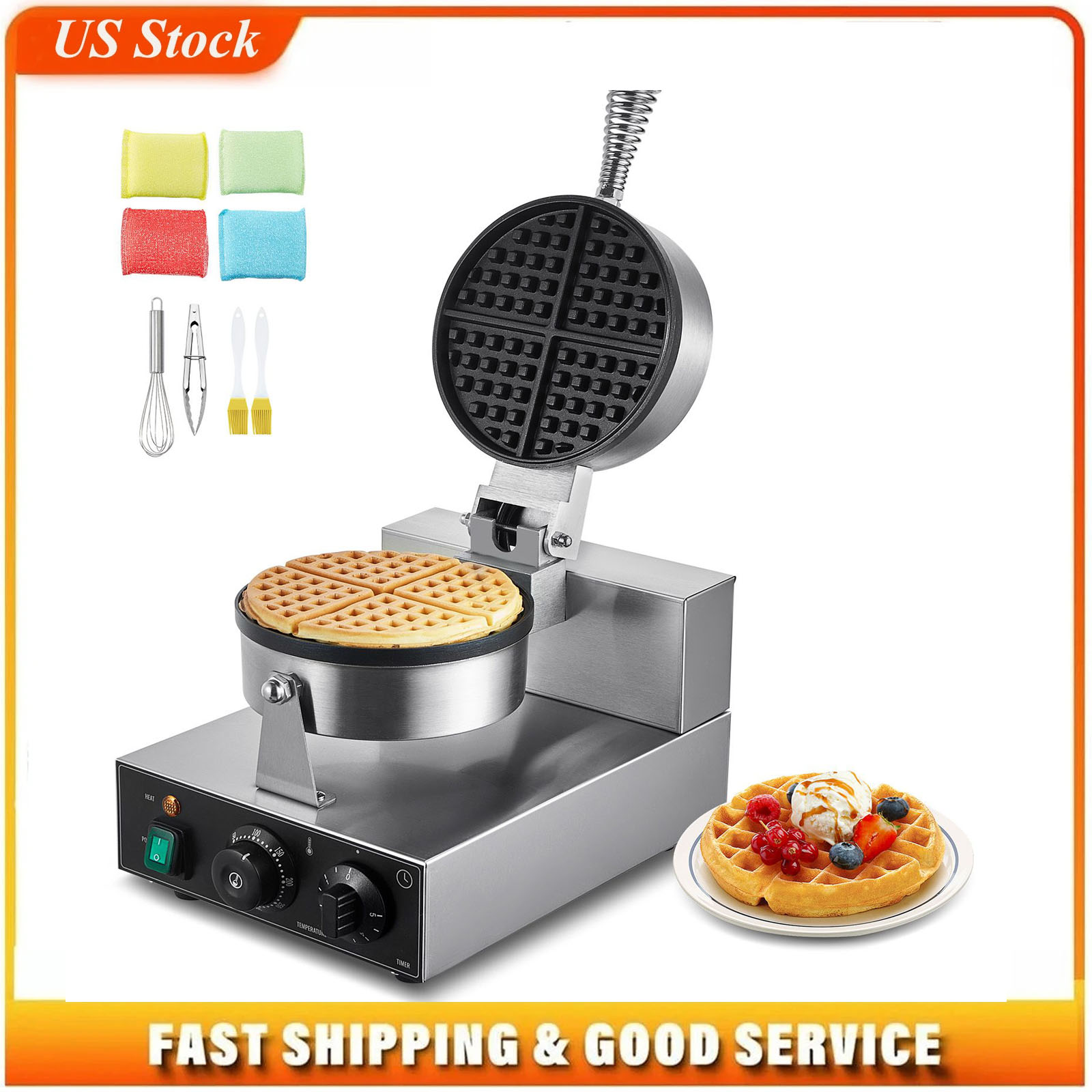 Waffle Iron Belgian - 상업용 와플 메이커, 1230W 원형 와플